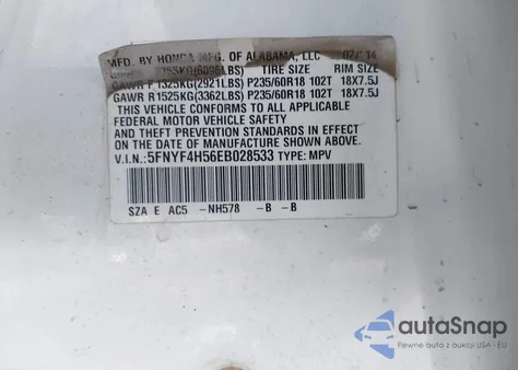 2014 Honda Pilot Ex-L из США, поврежденный, VIN 5FNYF4H56EB028533